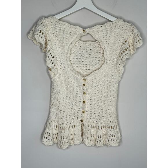 By Anthropologie Flutter-Sleeve Crochet Peplum Sweater Top Cream Women's Small - Picture 10 of 13